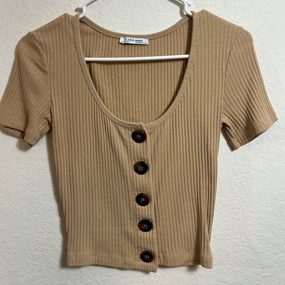 Zara Camel Ribbed Button-Down Top
